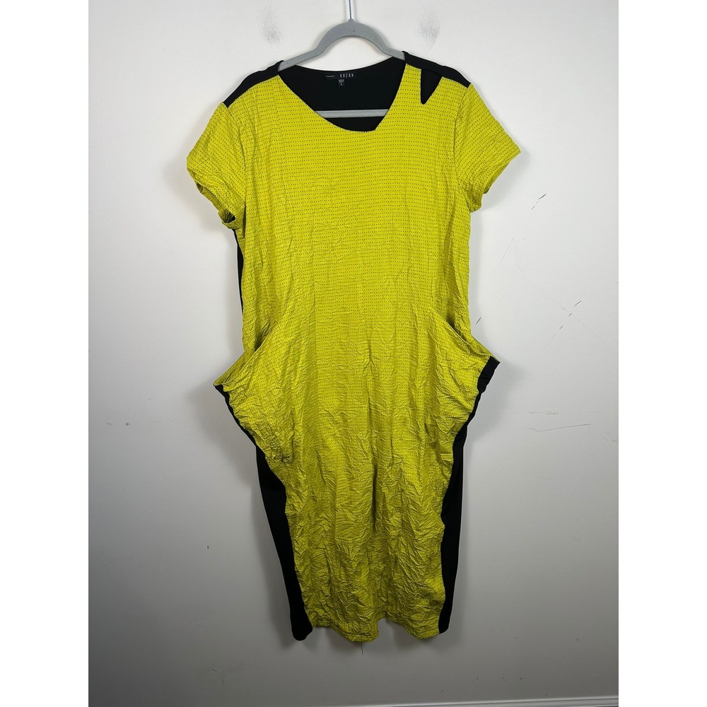 Kozan Midi Dress Women Large Chartreuse Black‎ Excellent Lagenlook Bubble Pocket